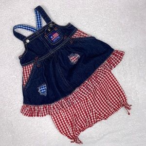 The children’s place red check denim jumper and bloomers 6/9m